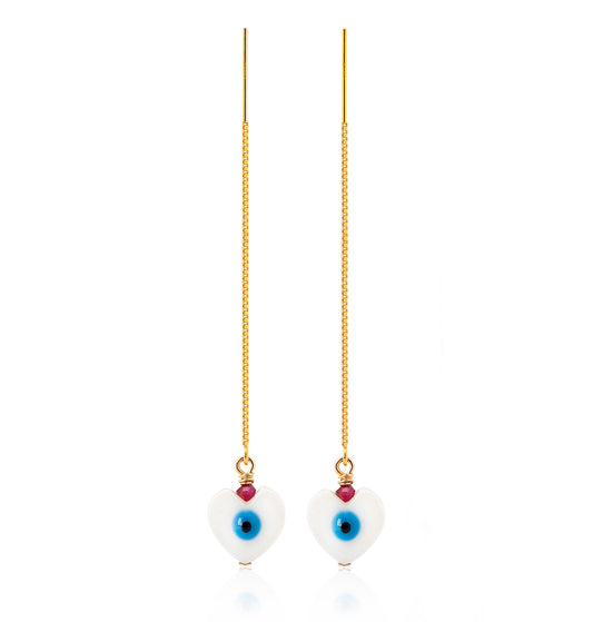 SWEET EVIL EYE V EARRINGS IN 10K AND 18K SOLID YELLOW GOLD AND RUBIES